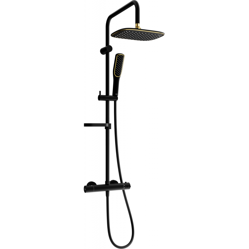 Mexen KX49 surface-mounted shower set with shower head and thermostatic mixer, black/gold - 771504991-75