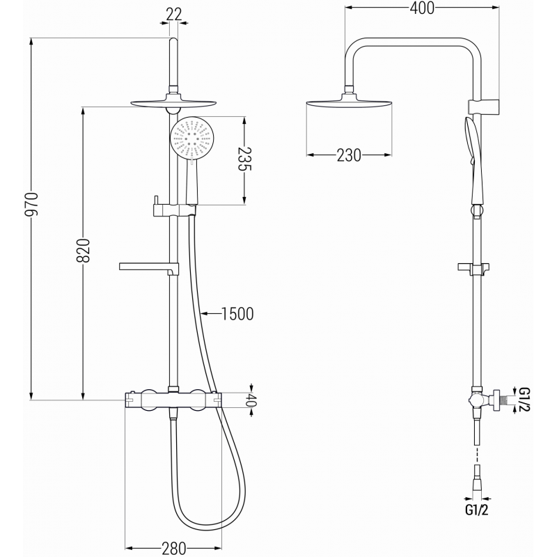 Mexen KX67 ensemble de douche en saillie avec douche pluie et mitigeur thermostatique, chrome/blanc - 771506791-00