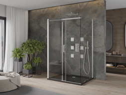 Mexen Omega-3S 3-seinaline dušinurk, lükatav 110x80 cm, läbipaistev, kroom + Flat alus - 825-110-080-01-00-3s-4070