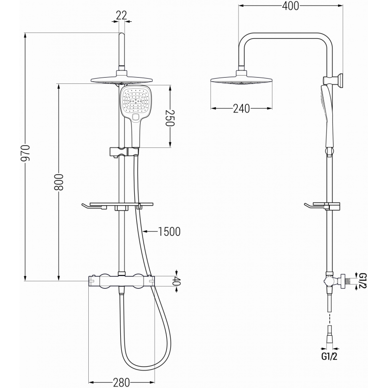 Mexen KT17 ensemble de douche apparent avec pomme de douche et robinet thermostatique, chrome/blanc - 771501793-02