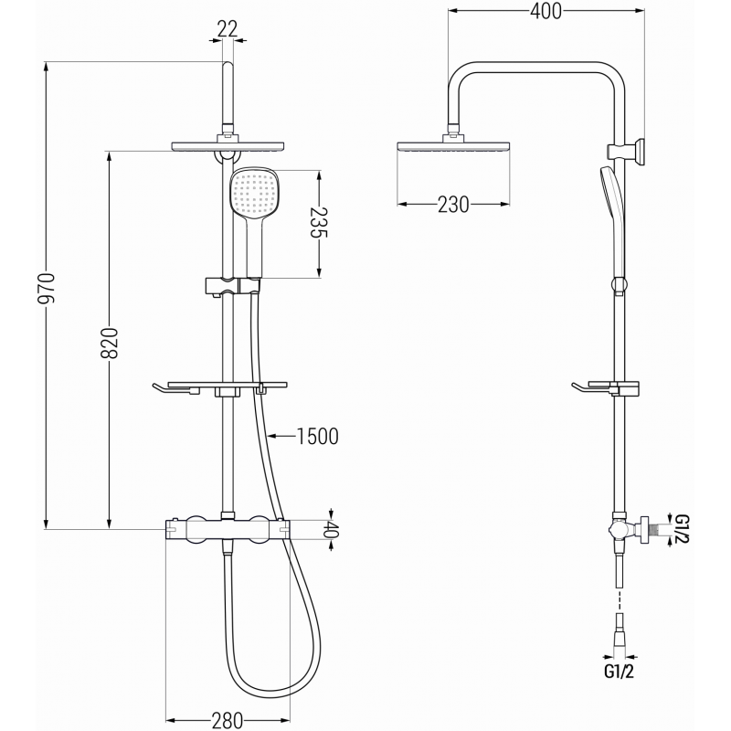 Mexen KT33 opbouw doucheset met regendouche en thermostatische kraan, zwart - 771503393-70