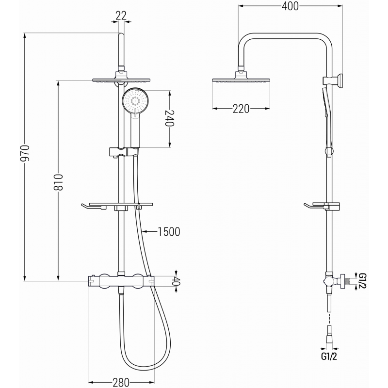 Mexen KT40 ensemble de douche en saillie avec douche de tête et robinet thermostatique, doré - 771504093-50
