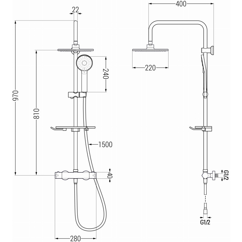 Mexen KT40 duschset utanpåliggande med regndusch och termostatblandare, borstad gun gray - 771504093-66