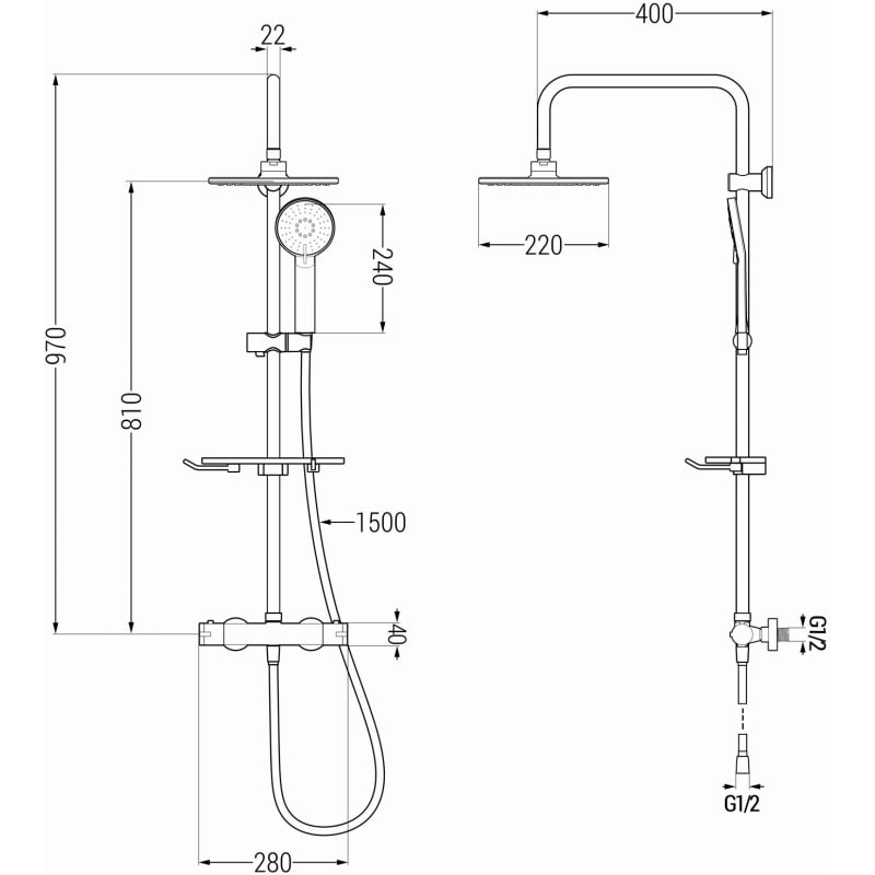 Mexen KT40 surface-mounted shower set with rain shower and thermostatic faucet, brushed gun gray - 771504093-66