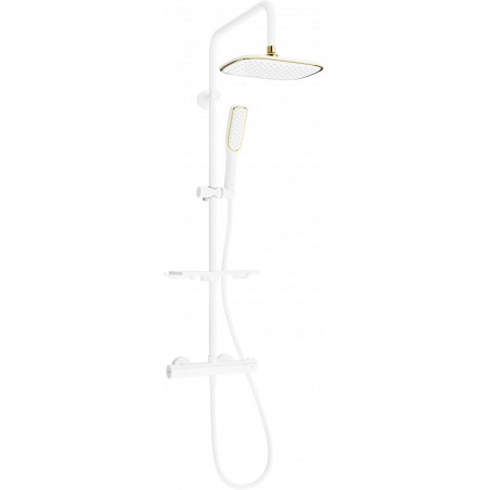 Mexen KT49 virsmas montāžas dušas komplekts ar lietus dušu un termostatisko jaucējkrānu, balts/zeltīts - 771504993-25