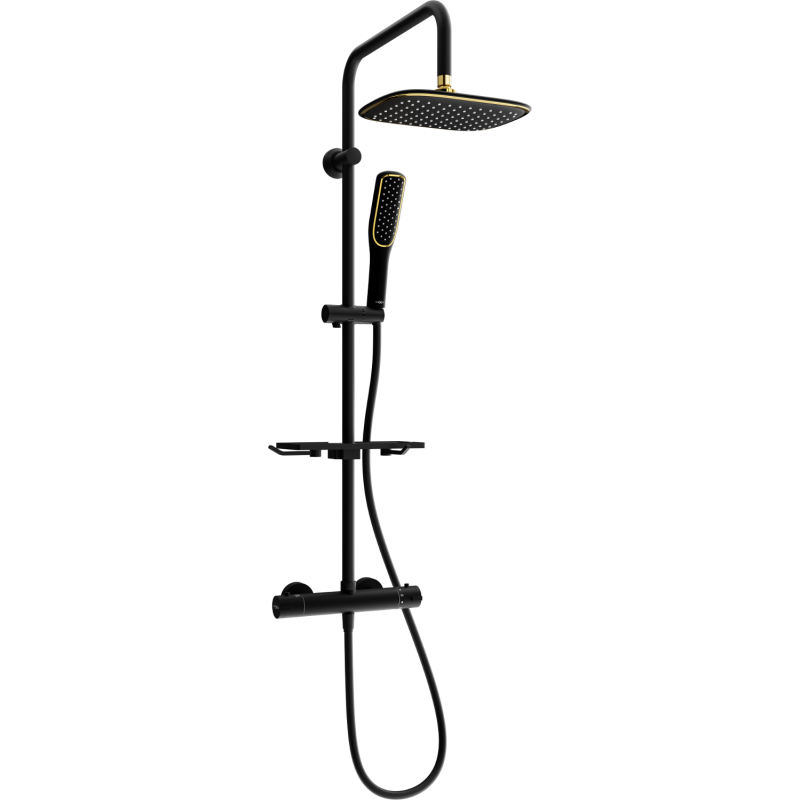 Mexen KT49 conjunto de ducha externa con alcachofa y grifo termostático, negro/dorado - 771504993-75