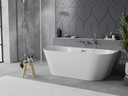Mexen Oval Slim fräistäiend Badewanne no bei Mauer 170 x 80 cm, wäiss, Iwwerlaf Chrom - 52661708000-01