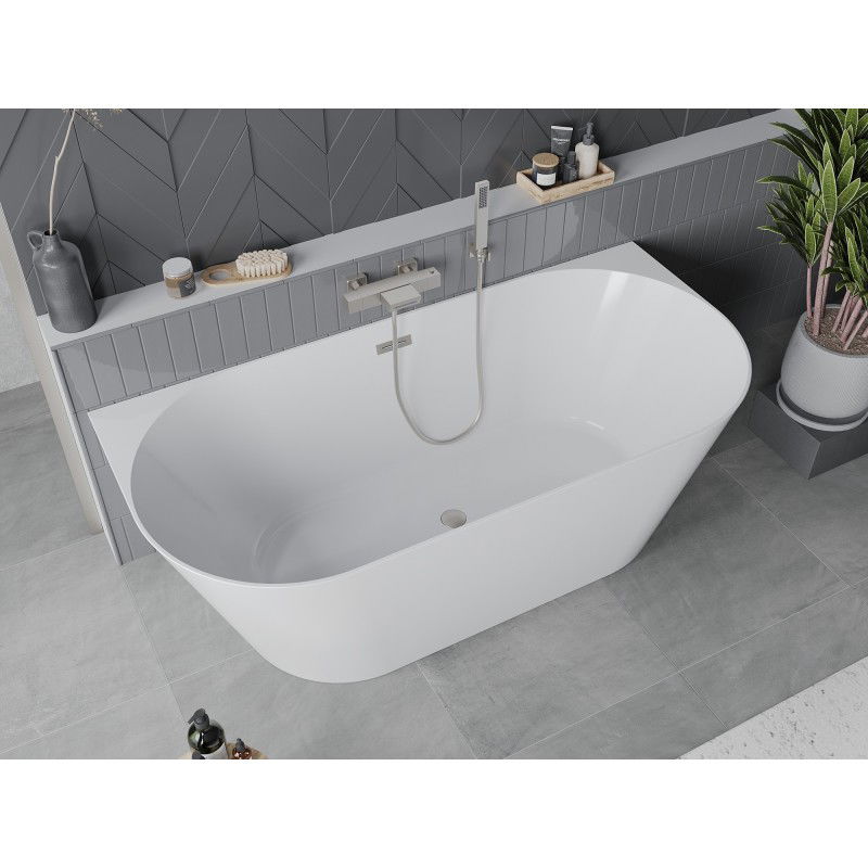 Mexen Oval Slim freistehende wandnahe Badewanne 170 x 80 cm, weiß, Überlauf gebürstetes Nickel - 52661708000-97