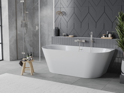 Mexen Oval Slim freistehende Wandbadewanne 170 x 80 cm, weiß, Überlauf gebürstetes Nickel - 52661708000-97