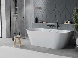 Mexen Oval Slim freistehende an der Wand befestigte Badewanne 170 x 80 cm, weiß, schwarzer Überlauf - 52661708000-70