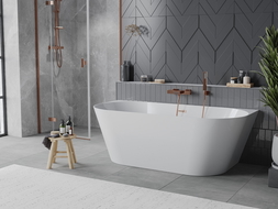 Mexen Oval Slim freistehende wandnahe Badewanne 170 x 80 cm, weiß, Überlauf gebürstetes Kupfer - 52661708000-65