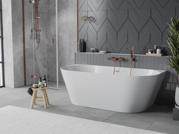 Mexen Oval Slim vrijstaande tegen de muur liggende badkuip 170 x 80 cm, wit, geborsteld koper overloop - 52661708000-65