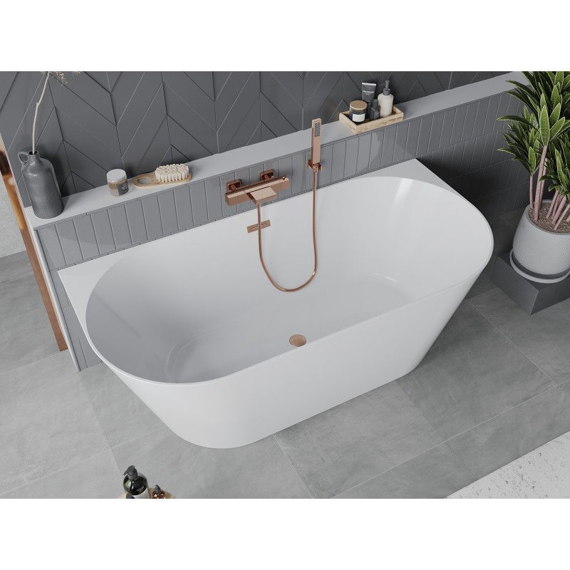 Mexen Oval Slim vasca da bagno freestanding a parete 170 x 80 cm, bianca, troppopieno rame spazzolato - 52661708000-65