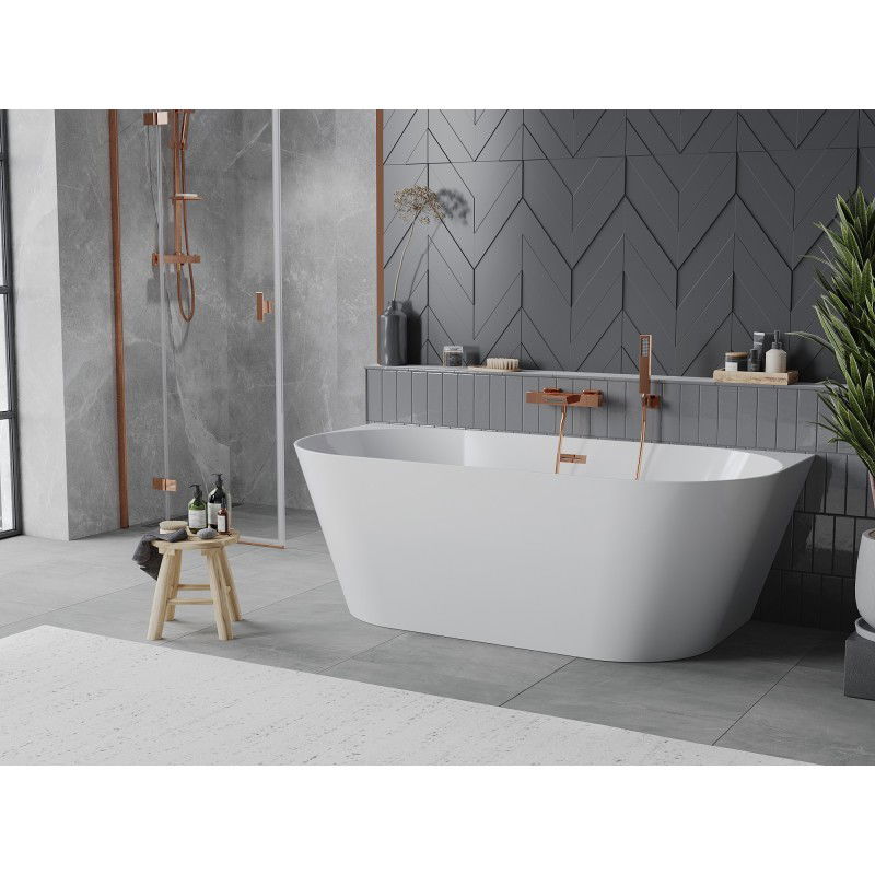 Mexen Oval Slim freistehende, wandnahe Badewanne 170 x 80 cm, weiß, Überlauf Roségold - 52661708000-60