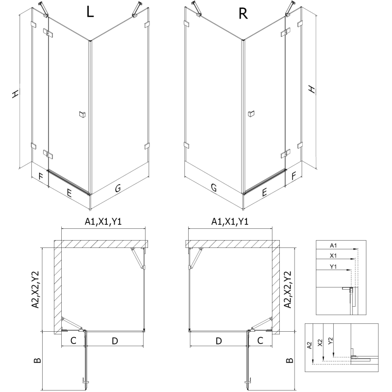 Mexen Lunar linkse scharnierende douchecabine 70 x 80 cm, transparant, gun grijs geborsteld - 834-070-080-66-00-L