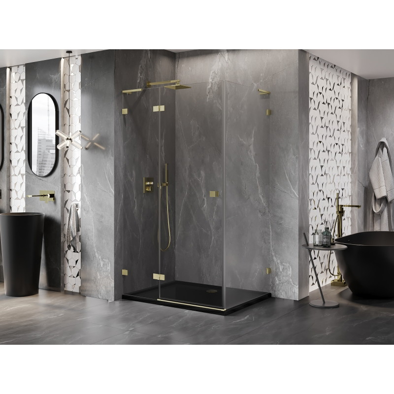 Mexen Lunar L vasakpoolse pöördusega dušinurk 75 x 90 cm, läbipaistev, harjatud kuldne - 834L-075-090-55-00-L