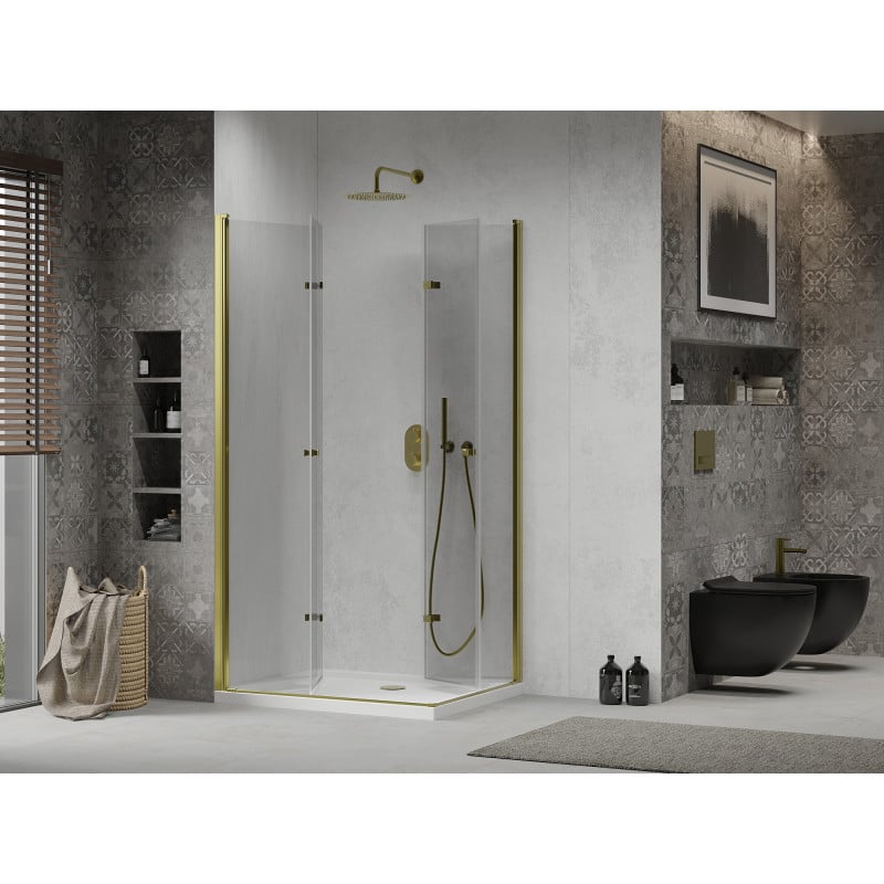 Mexen Lima Duo opvouwbare douchecabine 90 x 80 cm, transparant, goud + Flat douchebak - 856-090-080-50-02-4010G