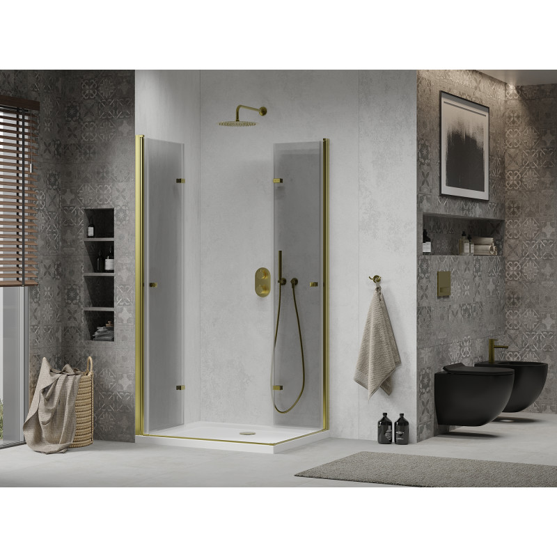 Mexen Lima Duo kabina prysznicowa składana 90 x 80 cm, transparent, złota + brodzik Flat - 856-090-080-50-02-4010G