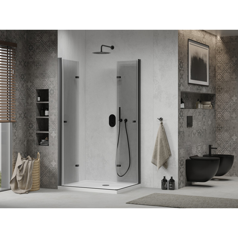 Mexen Lima Duo inklapbare douchecabine 100 x 90 cm, transparant, zwart + Flat douchebak - 856-100-090-70-02-4010B