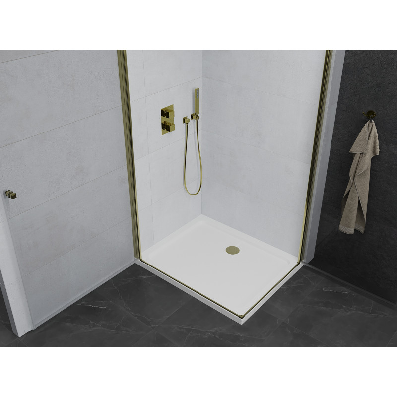 Mexen Pretoria Cabina doccia Duo porta battente 90 x 80 cm, trasparente, dorata + piatto doccia Flat - 852-090-080-50-02-4010G