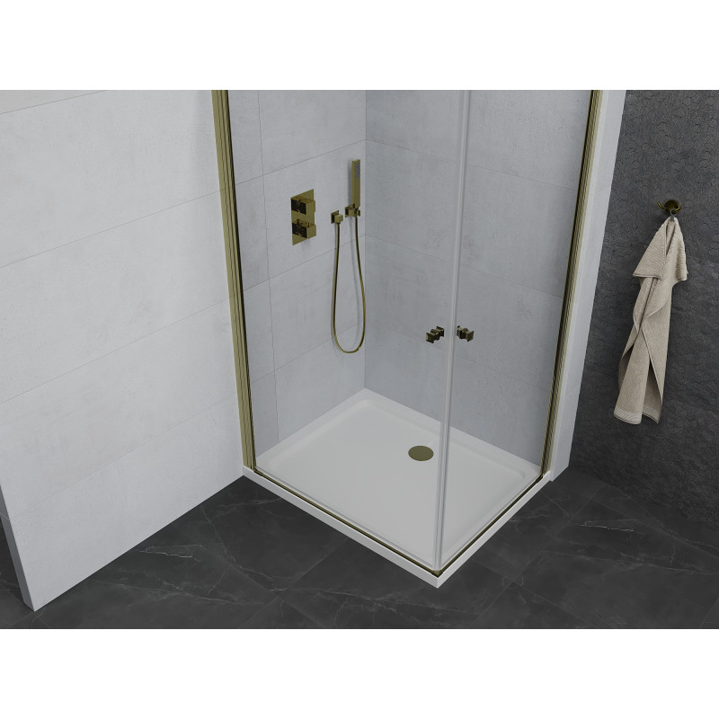 Mexen Pretoria Cabina doccia Duo porta battente 90 x 80 cm, trasparente, dorata + piatto doccia Flat - 852-090-080-50-02-4010G