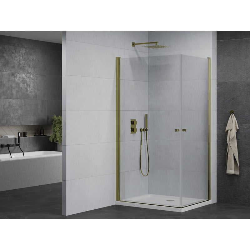 Mexen Pretoria Duo cabina de ducha abatible 90 x 80 cm, transparente, dorado + plato de ducha Flat - 852-090-080-50-02-4010G