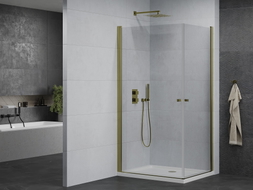 Mexen Pretoria Cabina doccia Duo porta battente 90 x 80 cm, trasparente, dorata + piatto doccia Flat - 852-090-080-50-02-4010G