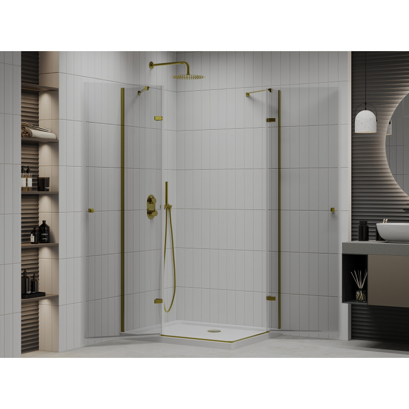 Mexen Roma Duo Duschkabine, schwenkbar, 100 x 90 cm, transparent, Gold + Flat Duschwanne - 854-100-090-50-02-4010G