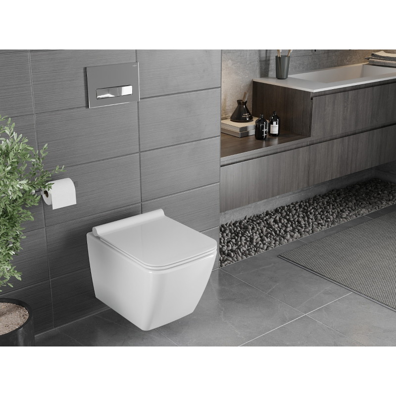 Mexen Vega rimless WC-pott aeglaselt sulguva õhukese duroplast-kaanega, läikiv valge - 30654000