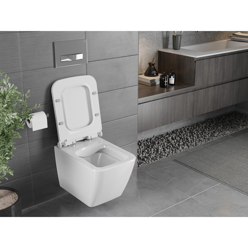 Mexen Vega rimless WC-pott aeglaselt sulguva õhukese duroplast-kaanega, läikiv valge - 30654000