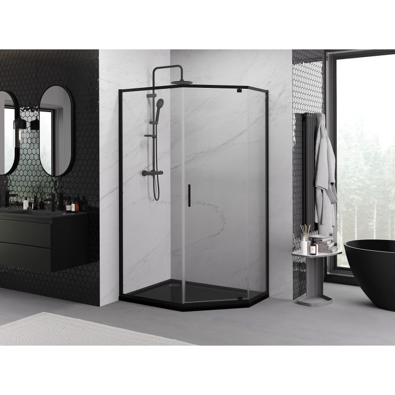 Mexen Exo cabine de douche pentagonale pivotante 100 x 80 cm, transparente, noire - 812-100-080-70-00