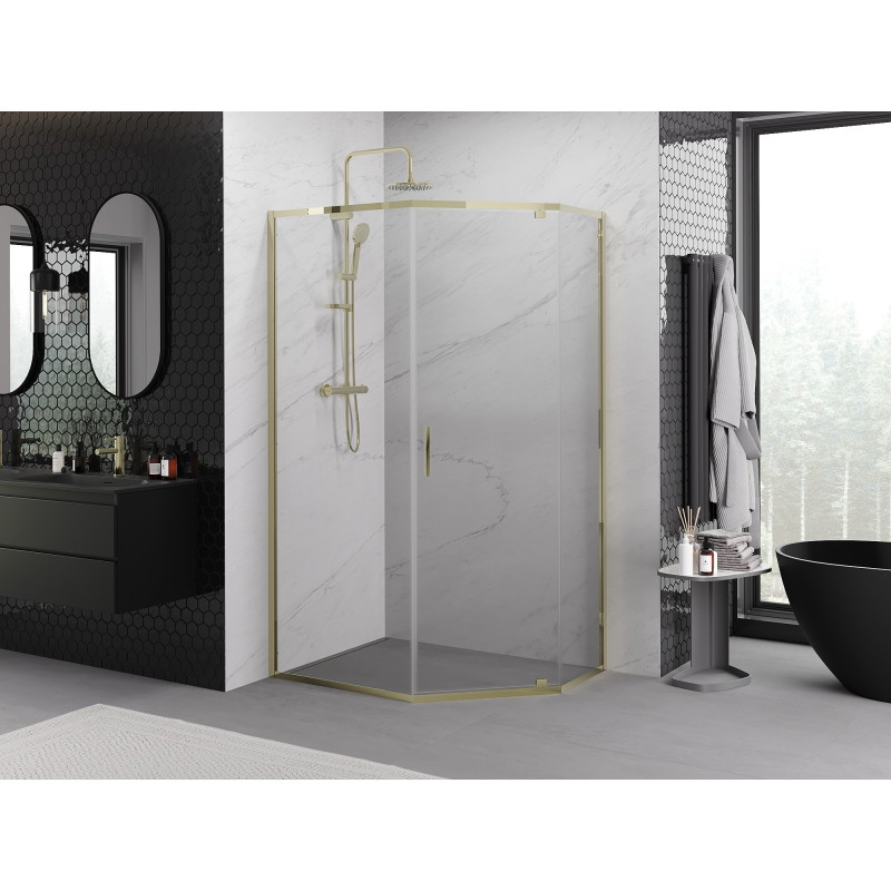 Mexen Exo-R cabina de ducha pentagonal abatible 100 x 80 cm, transparente, dorada - 812-100-080-50-00