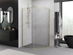 Mexen Exo-R pentagon duschkabin med dörr 100 x 80 cm, transparent, guld - 812-100-080-50-00