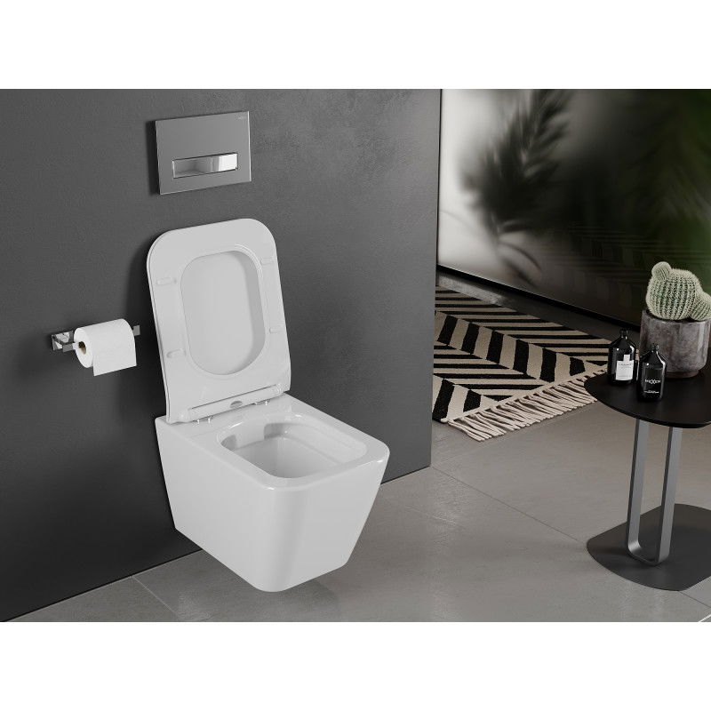 Mexen Cube WC-Schëssel Rimless mat fräi falender slim Sëtz, Duroplast, wäiss Glanz - 30924000