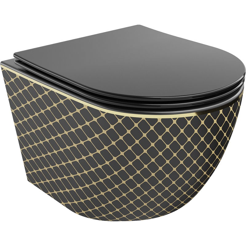 Mexen Lena wc-pot Rimless met softclose zitting slim, duroplast, zwart mat/goud ruitpatroon - 30224079