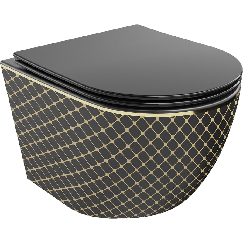 Mexen Lena WC-Schüssel Rimless mit langsam schließendem Deckel slim, Duroplast, schwarz matt/goldenes Karomuster - 30224079