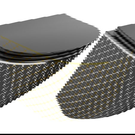 Mexen Lena inodoro sin borde con asiento de cierre suave slim, duroplast, negro mate/patrón de cuadros dorados - 30224079