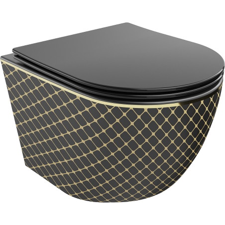 Mexen Lena WC bļoda Rimless ar lēni krītošu slim vāku, duroplasts, melns matēts/zeltains režģa raksts - 30224079