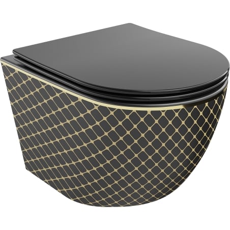 Mexen Lena WC-Schüssel Rimless mit langsam schließendem Deckel slim, Duroplast, schwarz matt/goldenes Karomuster - 30224079