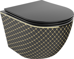 Mexen Lena inodoro sin borde con asiento de cierre suave slim, duroplast, negro mate/patrón de cuadros dorados - 30224079