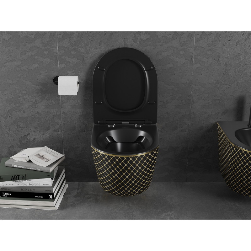 Mexen Lena miska wc Rimless z deską wolnoopadającą slim, duroplast, czarna mat/złota wzór kratka - 30224079