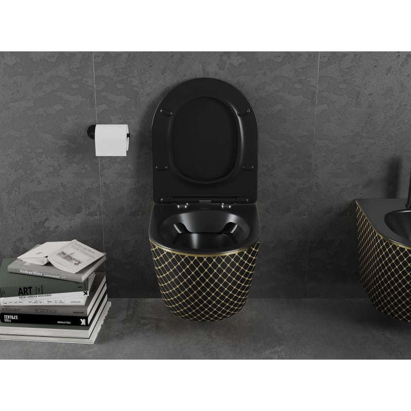 Mexen Lena WC-Schüssel Rimless mit absenkbarem Slim-Sitz, Duroplast, schwarz matt/goldenes Karomuster - 30224079