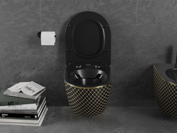 Mexen Lena cuvette WC Rimless avec abattant slim à descente progressive, duroplast, noir mat / motif grille dorée - 30224079