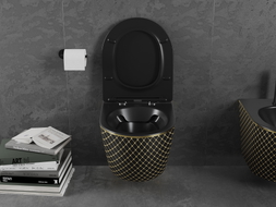 Mexen Lena WC-pott Rimless koos slim-aeglaselt sulguva istmega, duroplast, must matt/kuldne ruudustik muster - 30224079