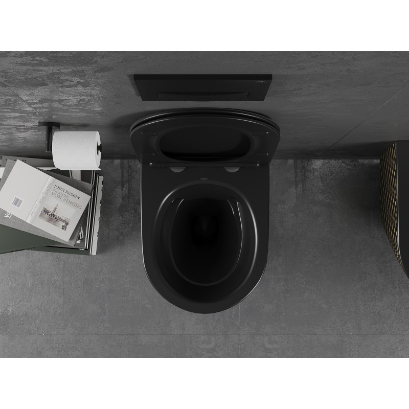Mexen Lena taza de inodoro sin borde con asiento de cierre suave slim, duroplast, negro mate/patrón de cuadros dorado