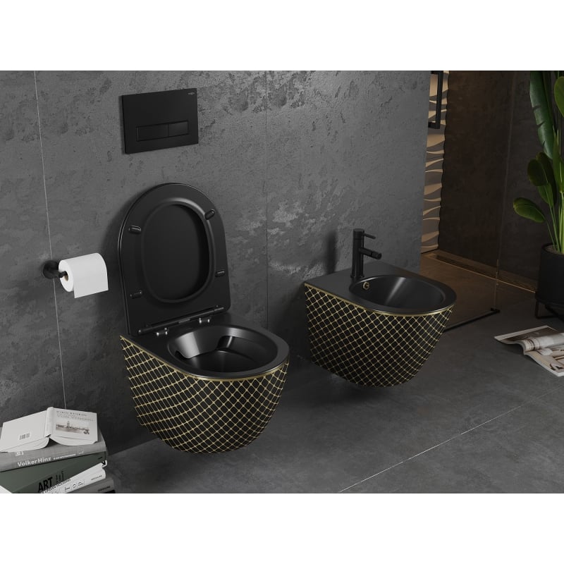 Mexen Lena inodoro sin borde con asiento de cierre suave slim, duroplast, negro mate/patrón de cuadros dorados - 30224079