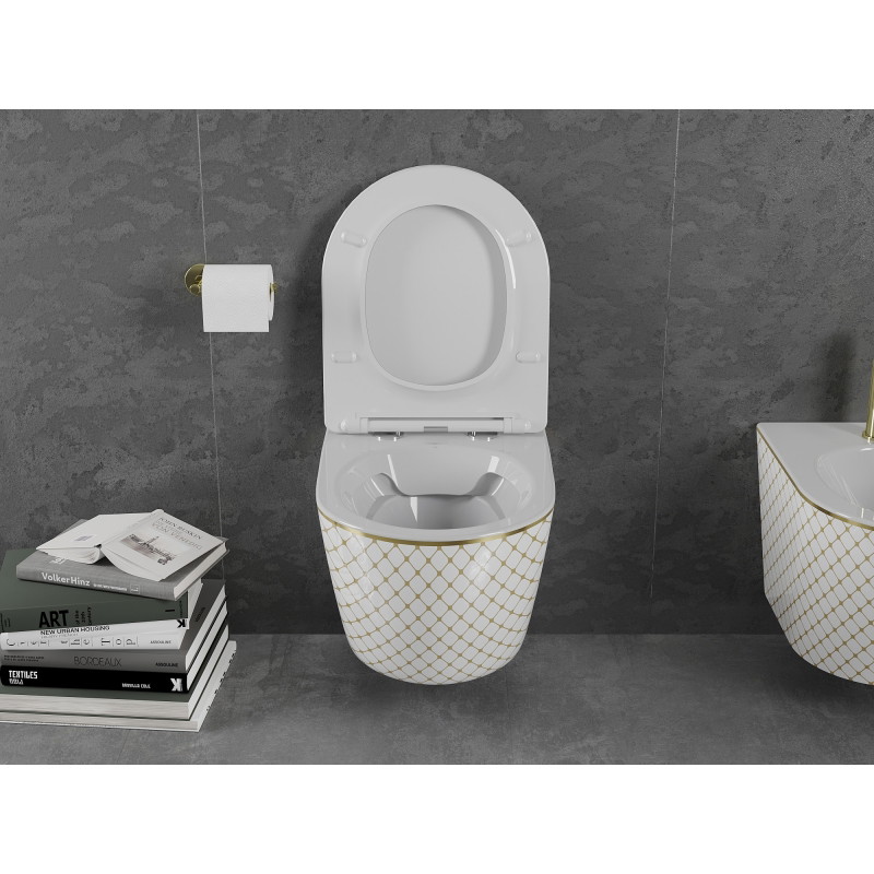 Mexen Lena inodoro sin bordes con asiento de cierre lento slim, duroplast, blanco/dorado patrón de rejilla - 30224009