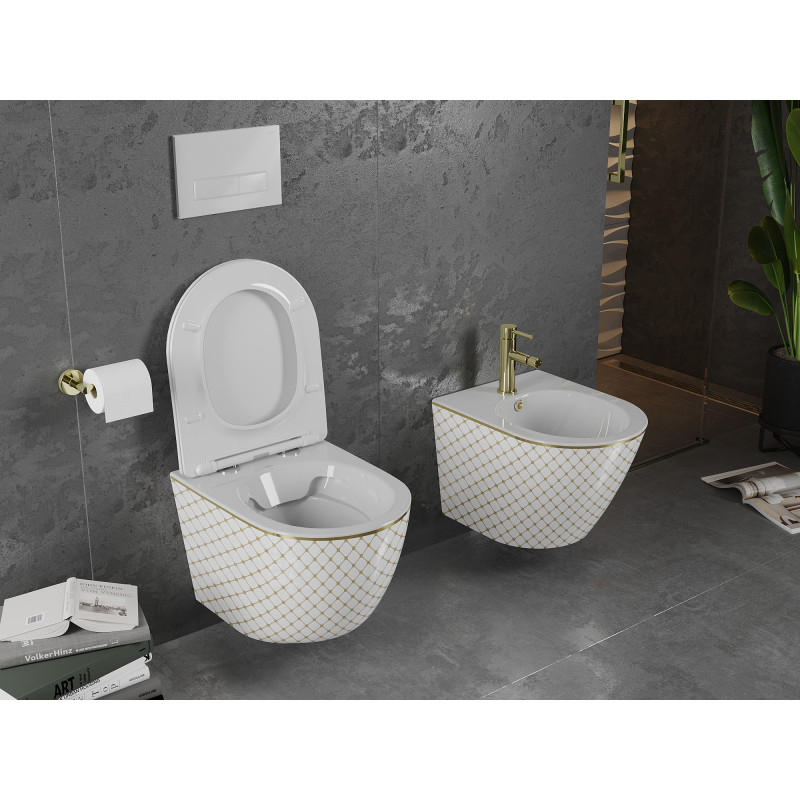 Mexen Lena wc-pot Rimless met slanke, soft-close duroplast zitting, wit/gouden rasterpatroon - 30224009