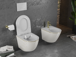 Mexen Lena WC-pott Rimless aeglaselt sulguva slim duroplast prill-lauaga, valge/kuldne ruuduline muster - 30224009