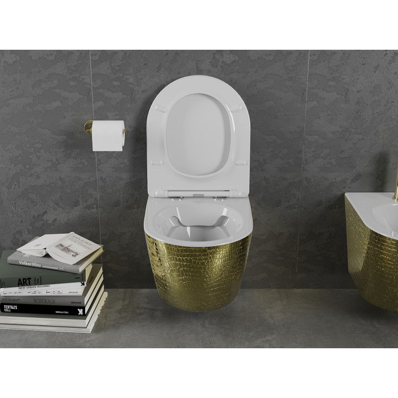 Mexen Lena vaso WC senza bordo con sedile a chiusura rallentata slim, duroplast, bianco/dorato motivo scaglia - 30224008